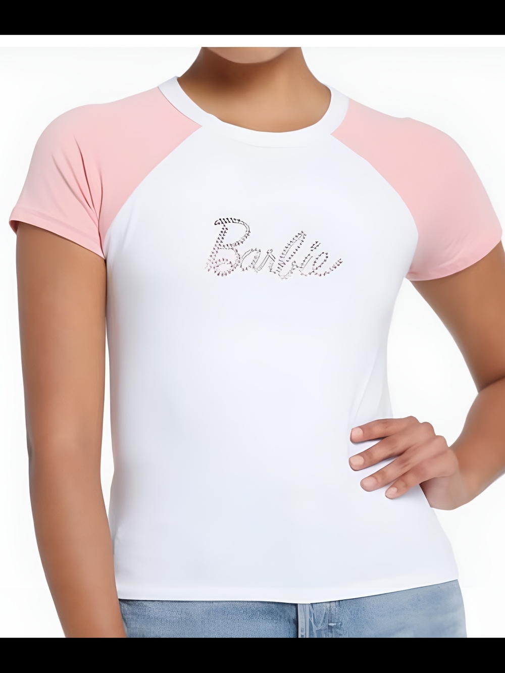 Hot Topic Pink and White Barbie Baby Tee With Rhinestones